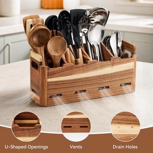 Boîte de rangement en bois pour ustensiles de cuisine 2L avec compartiments, organisateur de bureau suspendu, couleur bois naturel - Product Image 3