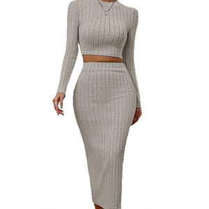 Completo da donna primaverile alla moda, morbido e confortevole, in <span class=keywords><strong>maglia</strong></span> a costine, due pezzi, con scollo rotondo, maniche lunghe, <span class=keywords><strong>vestito</strong></span> aderente, elegante <span class=keywords><strong>outfit</strong></span>. - Product Image 5