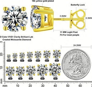 Pendientes de tuerca clásicos de plata 925 chapados en oro con moissanita de corte brillante redondo de cuatro puntas, con cierre de rosca, para hombre y mujer - Product Image 4