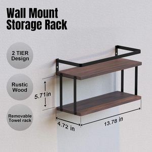 Wooden <b>Wall</b> Mounted Storage Rack Two Tier <b>Floating</b> <b>Shelf</b> For Bathroom Kitchen Living Room Durable Multipurpose Rectangular - Product Image 2
