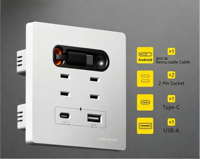 Enchufe de Pared Inteligente YuHe Group Smart Life 10A, 2 Tomas de Corriente, 1 USB-C, 1 USB-A, Cable Retráctil Integrado, Panel de Aluminio Moderno, Wi-Fi Rápido