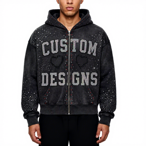 Vintage Wash Rhinestone Zip Hoodie 100% French Cotton Heavyweight Distressed Oversized Anti-Pilling Autumn/Winter Men's - Product Image 1