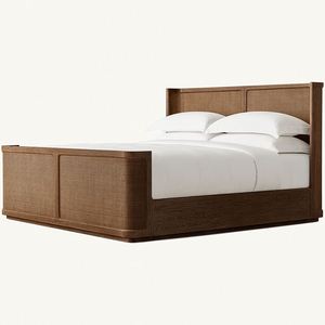 Lit avec tête de lit en rotin et cadre en bois massif de style contemporain, taille King ou Queen, avec pied de lit - Product Image 1
