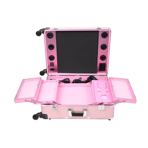 Rolling Makeup Case Studio 4-Legs Trolley Aluminum Makeup Case With Lighted Big Mirror