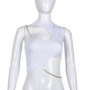 Nouveau T-shirt court sexy d'été pour femme, couleur unie, avec chaîne métallique et découpes, tendance - Product Image 5
