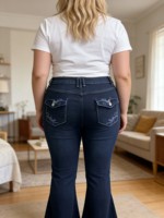 2026 Jeans évasés pour femmes grandes tailles, personnalisés, en denim brodé, taille haute, extensibles, coupe bootcut, OEM
