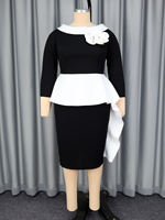 Robe de carrière élégante et moderne pour femme, à manches 3/4, avec taille peplum contrastante, coupe ajustée, idéale pour les événements professionnels et décontractés au bureau