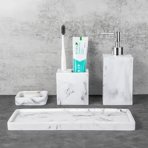 Set di vassoi per dispenser di sapone di lusso in marmo poliresina moderno personalizzato per il bagno dell'hotel di casa