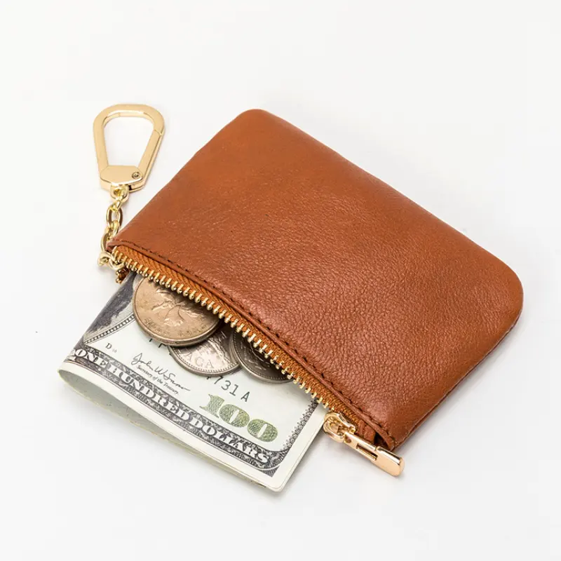 Dompet koin kulit sapi Mini Ultra tipis, dompet koin rantai kunci lapisan pertama untuk hadiah promosi & Bisnis