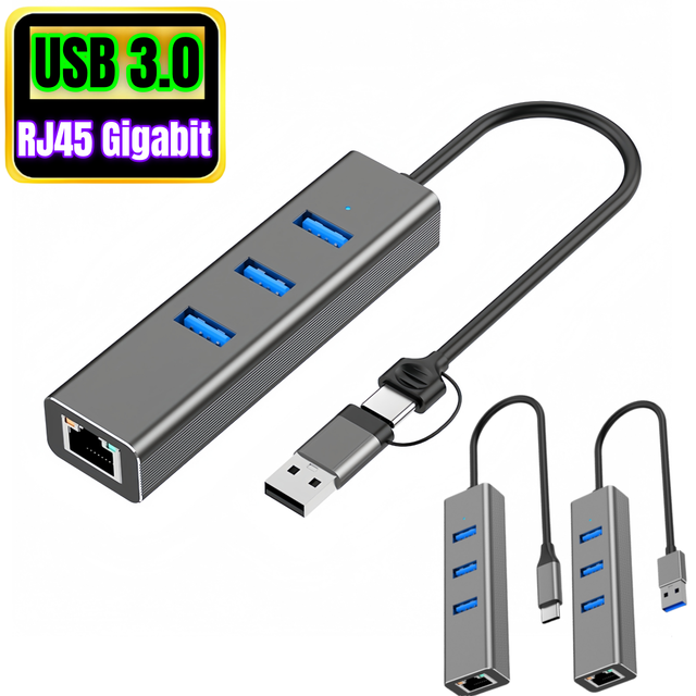 2 in 1 USB C to Ethernet Adapter Dual Port USB 3.0 a + Type-C to 3 Ports USB 3.0 HUB With RJ45 LAN Gigabit Ethernet Network Card