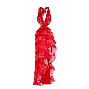 Vestido midi casual de verano para mujer, sexy, sostenible, tejido, transpirable, con cuello en V, abertura asimétrica, corte en A, espalda descubierta, con volantes y encaje. - Product Image 5