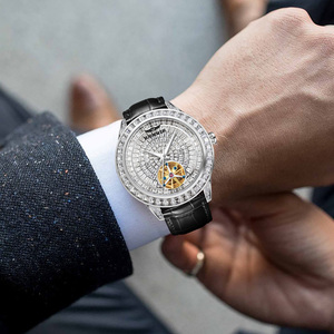 Jam tangan <span class=keywords><strong>Analog</strong></span> berlian antiair uniseks, jam tangan olahraga modis desain bercahaya tali kulit casing baja otomatis mekanis - Product Image 5