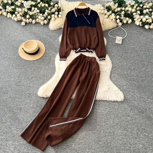 Conjunto de Dos Piezas para Mujer, Estilo Retro, Bloques de Color, Solapa, Manga Larga, Tejido de Punto, Top con Pantalones Casuales de Cintura Alta - Product Image 2