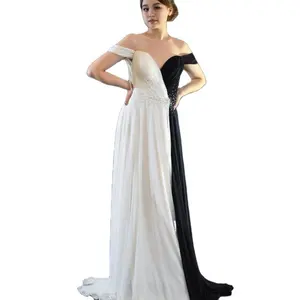 Summer Ladies Elegant and Unique Black and White Color Block Hand Beaded Off Shoulder Pleated Ball Gown Club Evening Gown