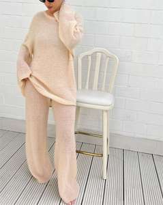 ชุดลำลองผู้หญิงแบบสั่งทำจากผู้ผลิตปี 2026 ทำจากผ้าถักผสมขนอัลปาก้า ผ้าฝ้าย และขนโมแฮร์เนื้อนุ่ม ชุดเสื้อสเวตเตอร์โอเวอร์ไซส์พร้อมกางเกงขาบาน - Product Image 2