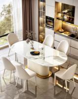 Table à manger ovale avec cadre doré, ensemble en cuir crème, plateau en pierre, élégante, 6 places, pour hôtel, restaurant, personnalisation possible