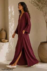 Caftán Thobe de Lino/Algodón Color Granate, Vestido Maxi Indio Hecho a Medida para Mujer, Corte en A, Ecológico, Lavable, Elegante y Natural - Product Image 1