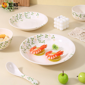 Five And Three Leaf Clover Melamine Tableware Set Round Plates Bowls Soup Spoon Bpa Free Daily Use Household Dinnerware - Product Image 1
