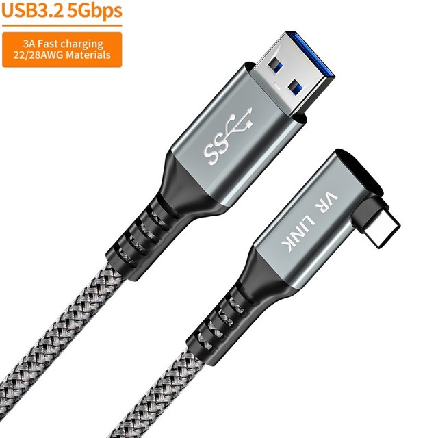 Durable Braided Right Angle Type C to USB VR Link Camera Data Cable with 3A Fast Charging Nylon Jacket for Computers
