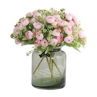 Bouquet de 15 têtes de roses thé et ranuncules artificielles en soie, arrangement floral pour mariage, fête et décoration intérieure