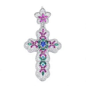 Pendentif croix en or blanc pour femme avec saphir rose, émeraude, saphir bleu, diamant, bijoux à motif floral, bijoux religieux - Product Image 1