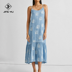 Manufacturer designs flowy loose-fitting <b>Hawaiian</b> print sundress custom soft denim Maxi <b>Dress</b> - Product Image 1