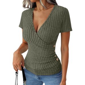FOXA Suéter informal de punto acanalado con cuello en V y manga corta para mujer, ajuste ceñido, con detalle de botones, para verano - Product Image 1