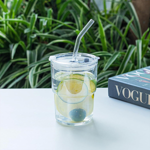 Vasos de vidrio de 400ml y 600ml con tapas y pajitas para café helado, diseño elegante acanalado, taza de viaje de pared gruesa para zumo - Product Image 4