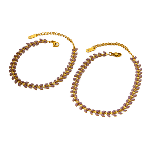 Twini Party Trendy Stainless Steel 18K Gold Plated Leaf Chain Purple Oil Dripping <b>Bracelet</b> Choker Necklace <b>Anklet</b> - Product Image 1