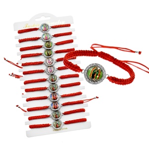 Mới Bán Buôn Chuỗi Vòng Tay Bện Màu Đỏ Pha Lê Đá Mân Côi Vòng Đeo Tay Jesus Tôn Giáo Điều Chỉnh Vòng Đeo Tay - Product Image 1
