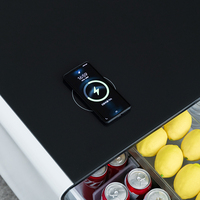 Table basse intelligente pour salon avec 2 tiroirs réfrigérants, plateau en verre trempé, ports USB, haut-parleur musical, charge sans fil