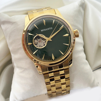 Montre mécanique pour homme tendance, boîtier doré poli brillant, cadran décoratif vert, bracelet tout en métal doré, montre décontractée pour homme