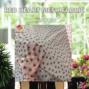 Ready Stock Shiny Glitter <b>Red</b> Heart Shape Mesh Fabric Printed <b>Sequins</b> Heart Design Soft Tulle Lace Fabric for Children's Knitted - Product Image 2