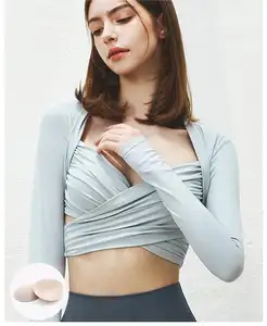 Chaleco de Yoga de manga larga con pliegues cruzados para mujer, ropa deportiva Sexy con almohadilla transpirable para el pecho, camisola no decorada para reunión de cintura