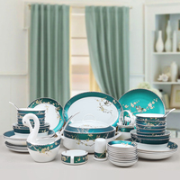 Pfauengrünes Bone China Geschirrset, Luxuriöses Türkises Chinesisches Tafelservice mit Elster- und Pflaumenblütenmuster