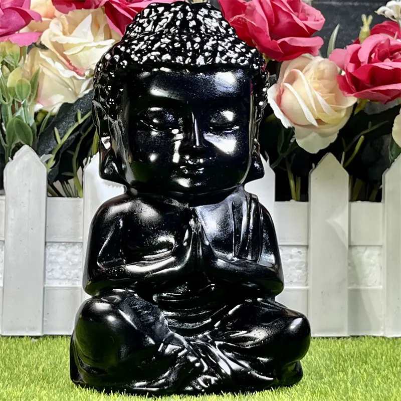 Haute Qualité Guérison Cristal Pierre Obsidienne Bouddha Sculpture Fengshui Ornement pour La Décoration