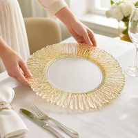 Assiette de présentation en verre transparent avec logo personnalisé OEM, incrustation dorée, 13 pouces, pour restaurant, bar, dîner, fête, mariage, cadeau