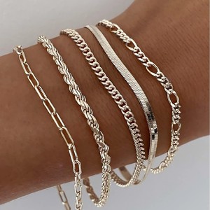 Set <span class=keywords><strong>de</strong></span> 5 Pulseras <span class=keywords><strong>de</strong></span> Cadena <span class=keywords><strong>de</strong></span> Aleación Chapadas en Oro, Modernas y Apilables, con Eslabones Herringbone, <span class=keywords><strong>Figaro</strong></span> y Cubano - Regalo - Product Image 2
