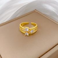HY Zirkon Vierblättriges Kleeblatt Jubiläums-Trendringe 18K Vergoldeter Edelstahl Verstellbarer Offener Ring für Damen