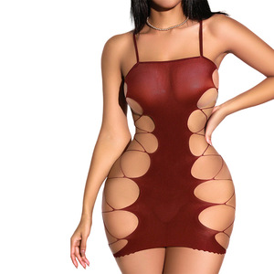 Robe moulante en maille ajourée pour femme, tenue de soirée à fines bretelles pour clubbing - Product Image 1