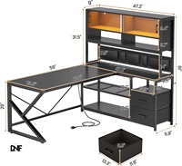 Bureau de jeu en forme de L, bureau d'ordinateur pour la maison ou le bureau, 2 tiroirs, bibliothèque, bureau d'angle, éclairage LED, rangement, étagère, métal noir