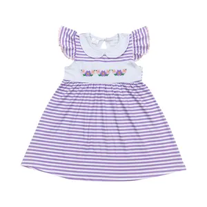 2024 Summer Baby Girls Wholesale Clothing Pretty Vintage Embroidery Floral Purple Striped Flutter Sleeve Dress