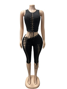 <strong>Sexy</strong> 2 Piece Set <strong>Women</strong> O Neck Lace up Hollow Out Crop Top and Capri Pants Matching <strong>Women's</strong> Sets <strong>Outfits</strong> - Product Image 2