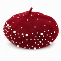Béret en Laine pour Femme avec Faux Perles et Strass, Béret Français Orné Rouge Vin, Chapeau Béret Scintillant pour Fête, Vente en Gros OEM