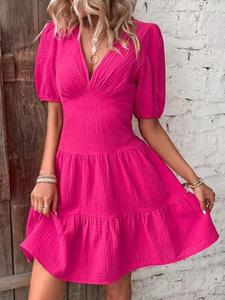 Robe d'été décontractée à manches courtes pour femme, col en V profond, couleur rouge <span class=keywords><strong>rose</strong></span> unie, élégante - Product Image 5