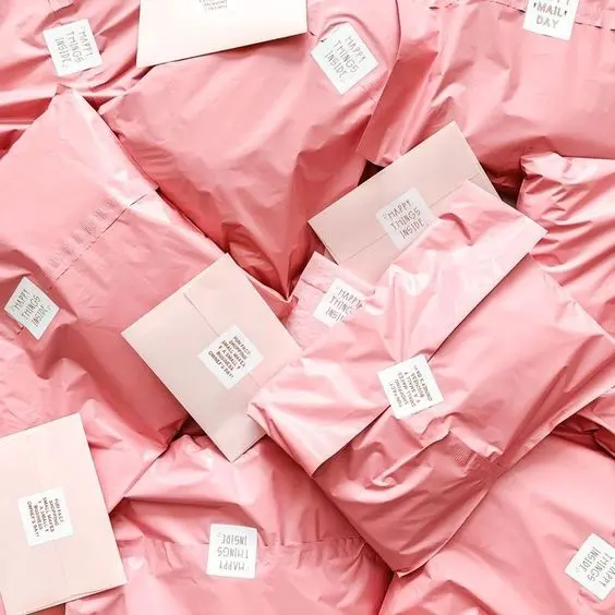 Enveloppes en poly biodégradables recyclables avec logo imprimé personnalisé emballage sac postal de transport rose pour vêtement