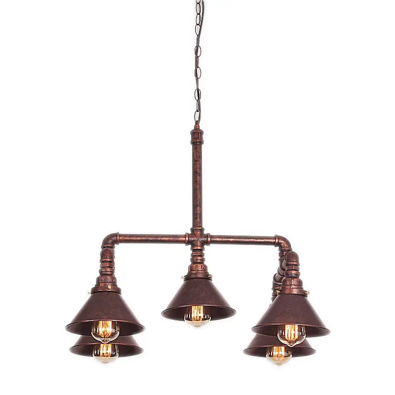 Copper Patina Industrial 5 Light Chandelier in Cone Shade Wrought Iron Pipe Hanging Pendant Down Lighting