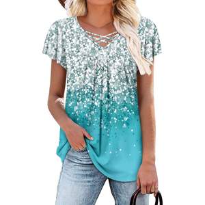 2025 Túnica sin mangas Bohemia favorecedora con purpurina y menta XL para mujer, Túnica elegante con cuello de pico y mangas cortas y mallas - Product Image 2