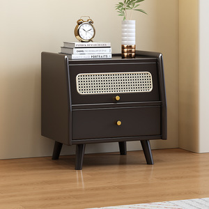 Retro Rattan Bedside Table 45cm Black <b>Walnut</b> Wood Color Storage Cabinet Bedroom Furniture - Product Image 2
