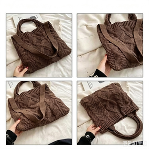 Bolso Bandolera de Punto Trenzado Marrón, Bolso de Hombro de Ganchillo, Bolso Tote Casual Vintage para Compras Diarias - Product Image 1